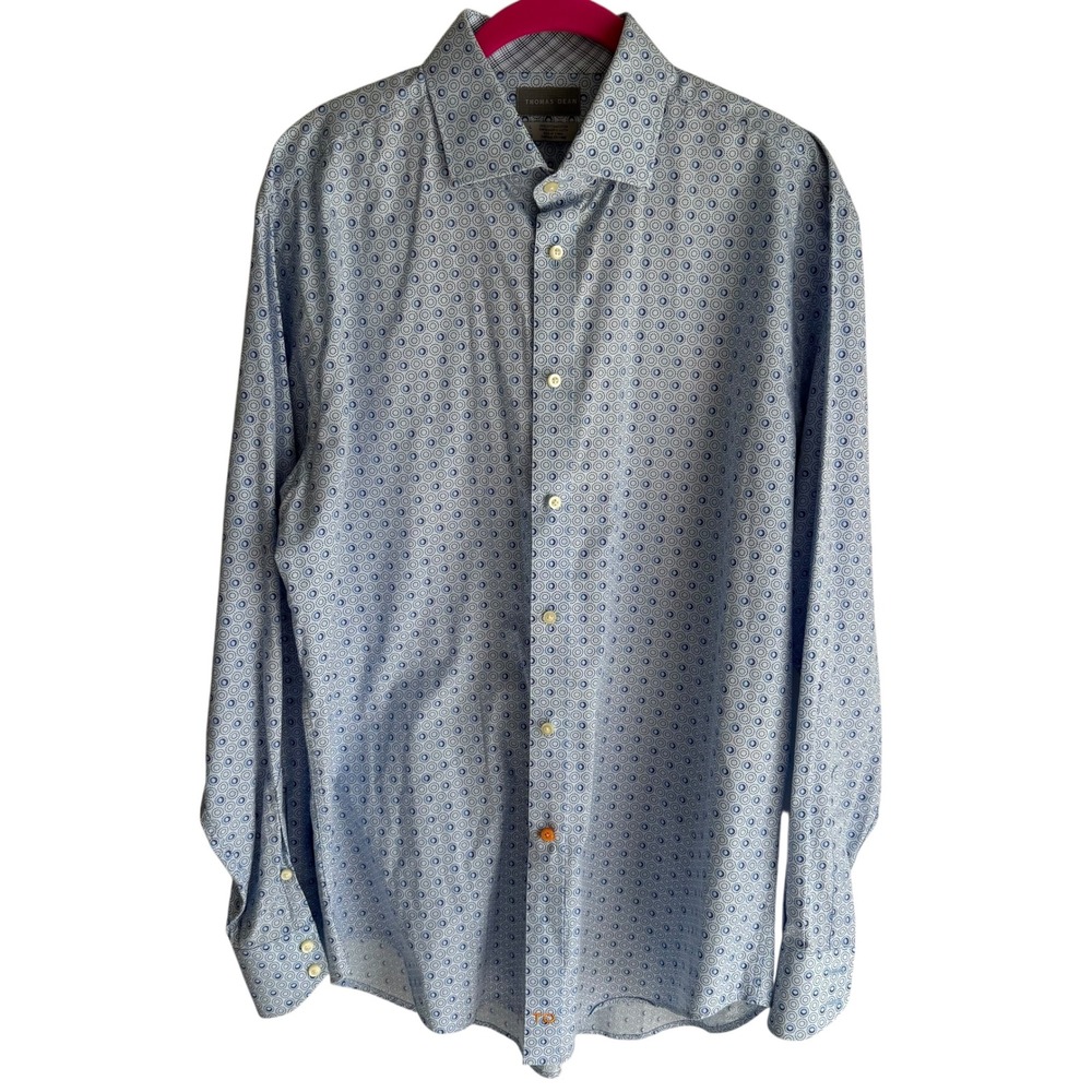 THOMAS DEAN Light Blue‎ Geometric Mens Long Sleeve Button Down Top, L